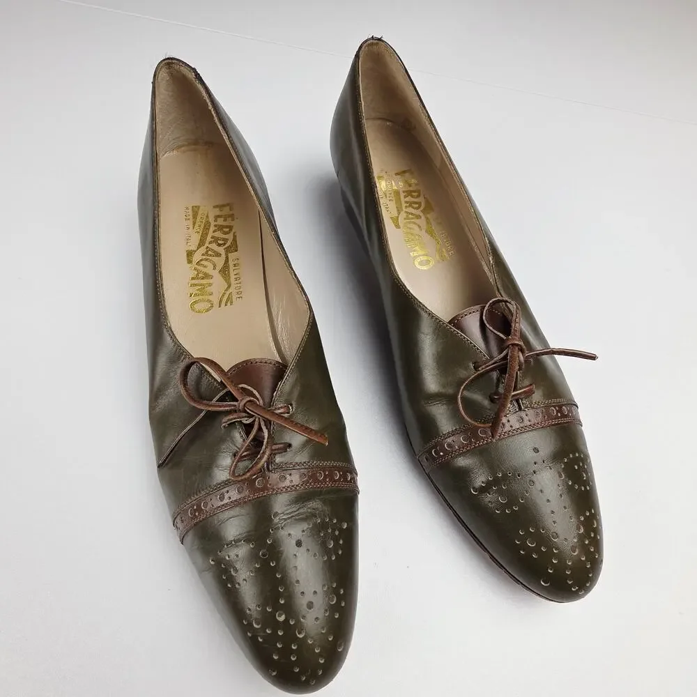 70's Salvatore Ferragamo Olive Green Leather Brogue Wingtip Lace-up Oxfords 7AA